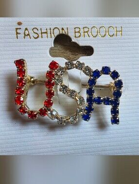 Crystal Interlocking Letter Brooch - Red, White, Blue